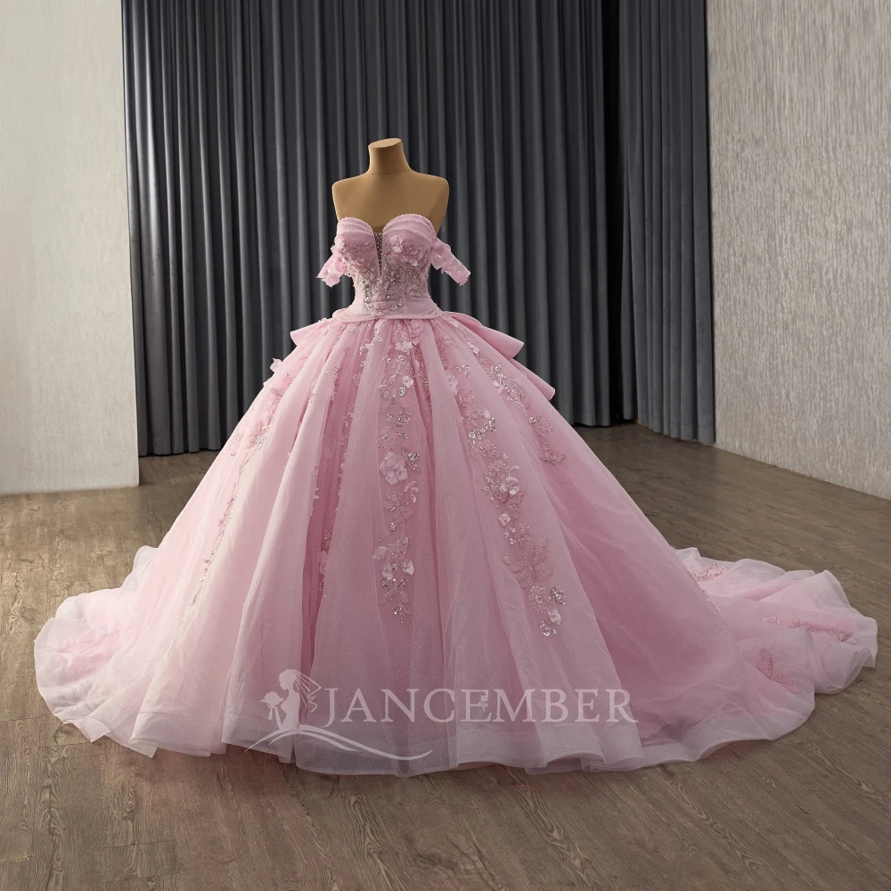 فستان Quinceeneara اللامع للشباب بدون أكتاف فساتين رسمية فستان بأكمام قصيرة مزين بفيستدو دي 15 ذيل محكمة مخصص #4