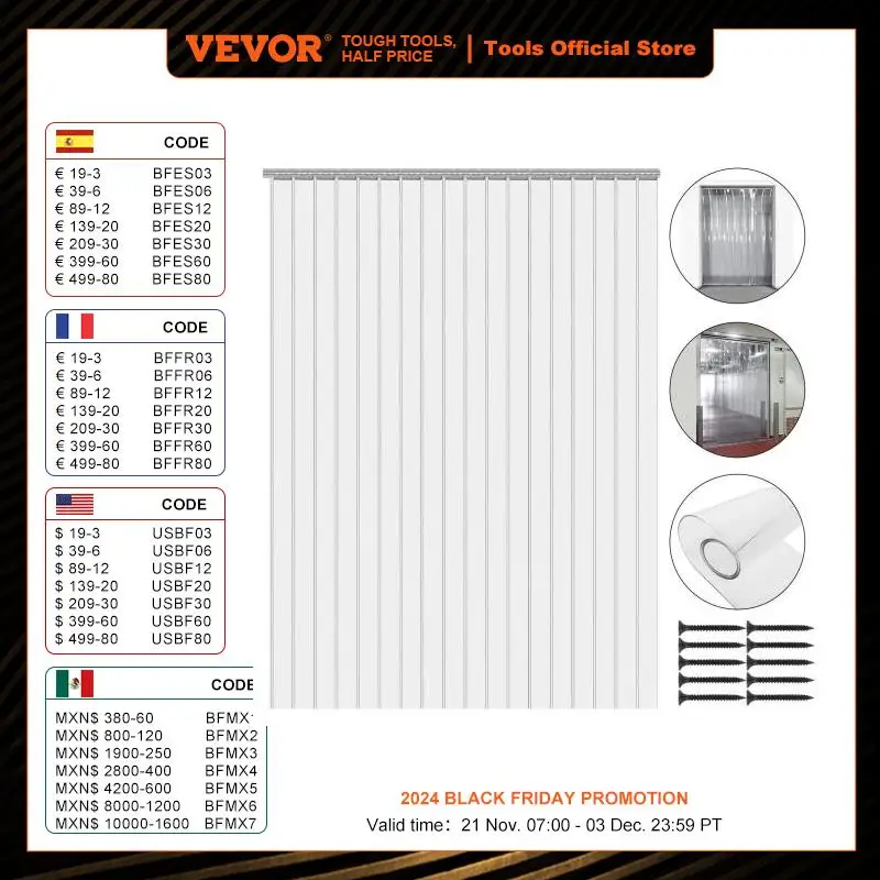 VEVOR 2.1m*150mm*2mm Clear PVC Plastic Strip Curtain Kits with Great Isolating Effect for Door Industrial Home Easily Installed