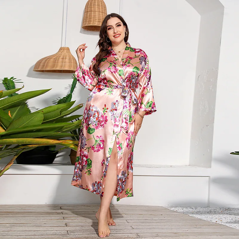 حجم كبير 3XL 4XL 5XL كيمونو Bathrobe ثوب فضفاض المنزل خلع الملابس المرأة ملابس خاصة مثير زهرة طباعة ثوب النوم رداء طويل الأكمام