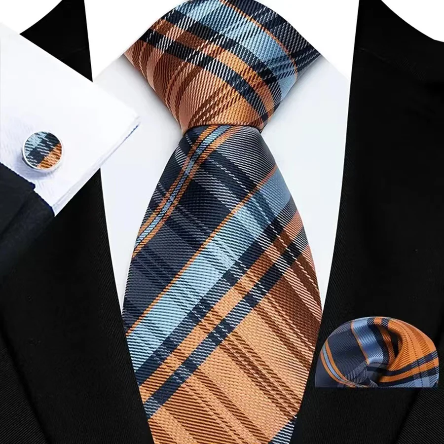 8cm Mens Tie Blue Orange Stripes Plaid Checks Neck Ties Hanky Cufflinks Set Necktie For Man Wedding Business Dinner Party