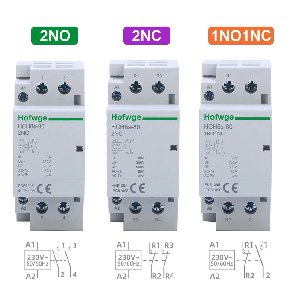 HCH8s-80 AC DC Contactor 2P 40A 80A 2NO 1NO1NC AC24V DC24V Automatic Householdr Contactor Din Rail Type 50Hz /60Hz