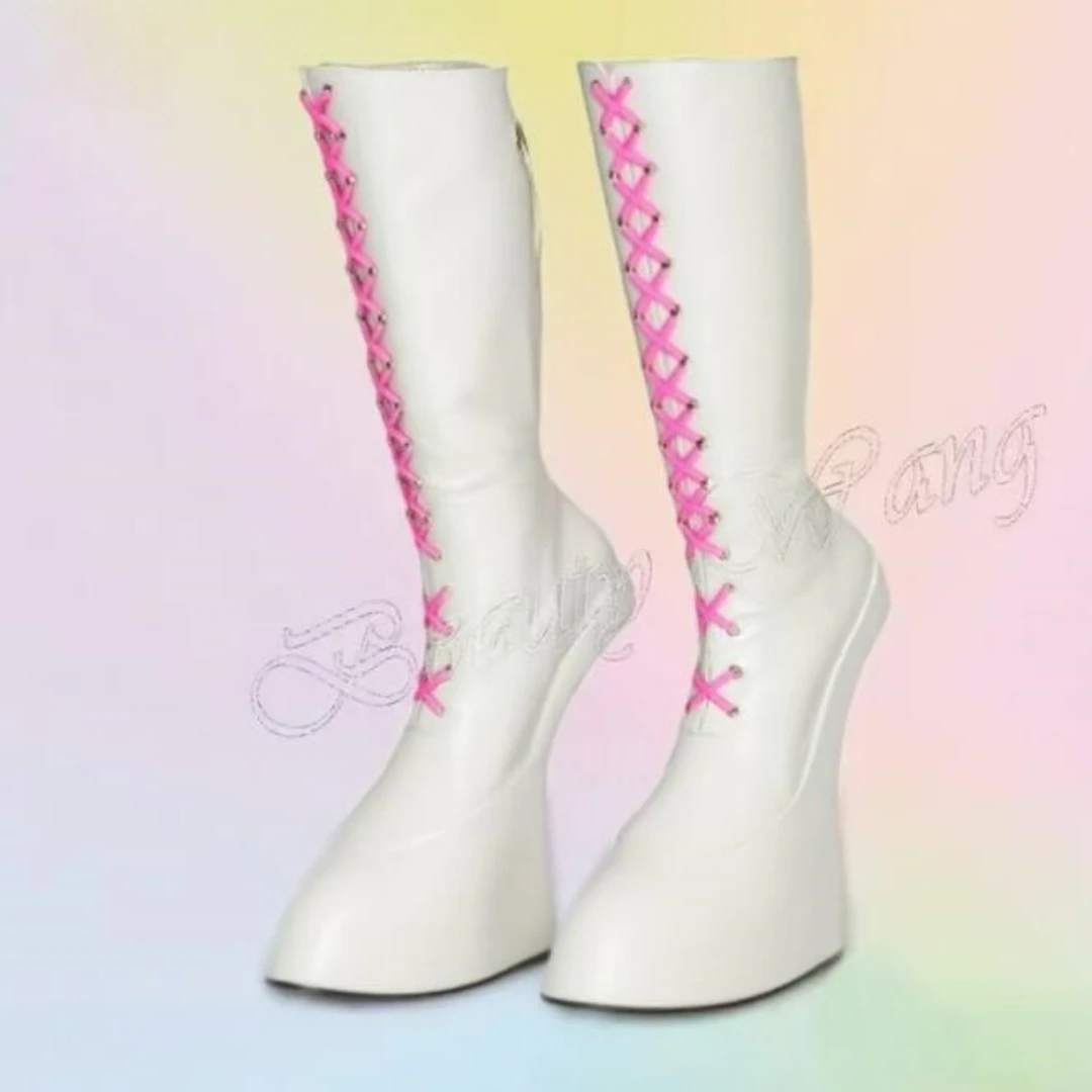 

White Pink Horse Proof Boots Strange Style Front Cross Tied Shoes for Women High Heel Sexy Party Shoes New Zapatos Para Mujere