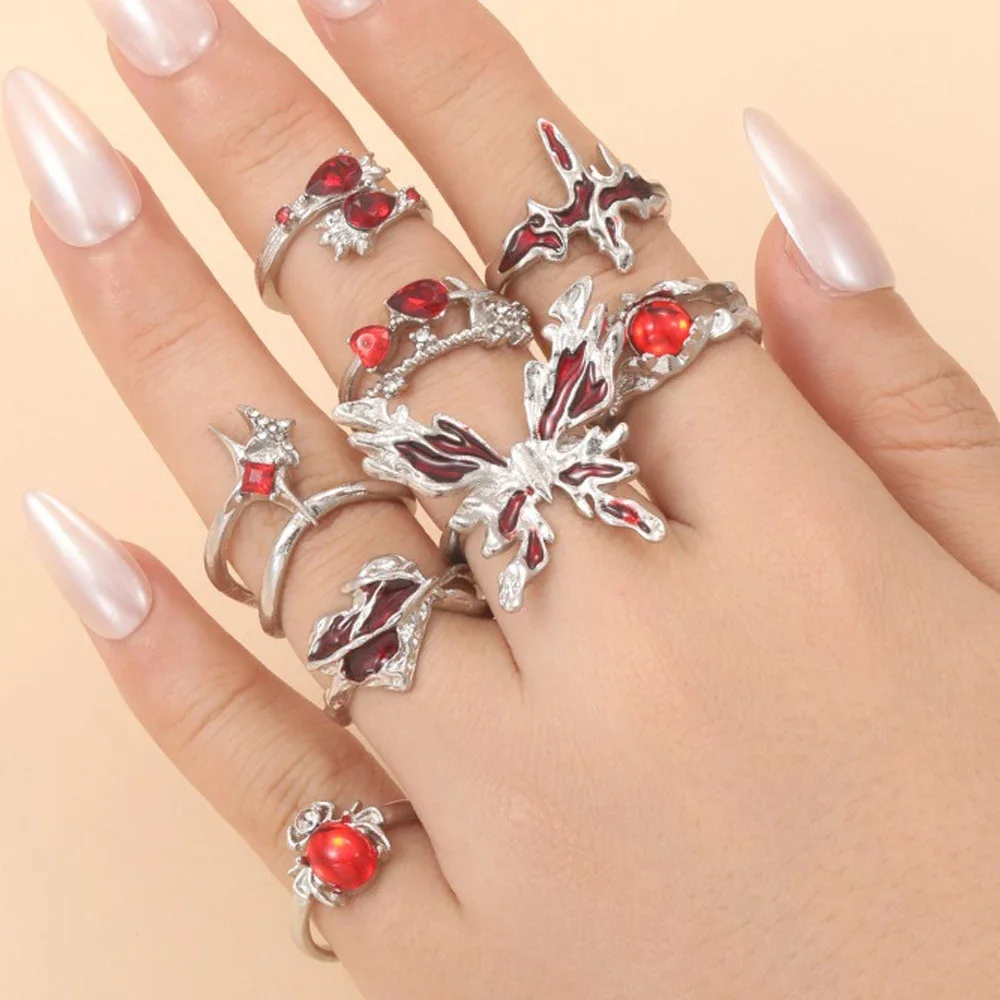 LATS 8pcs Irregular Red Crystal Heart Aesthetic Rings for Women Y2K Gothic Butterfly Spider Ring Creative Jewelry Accessories