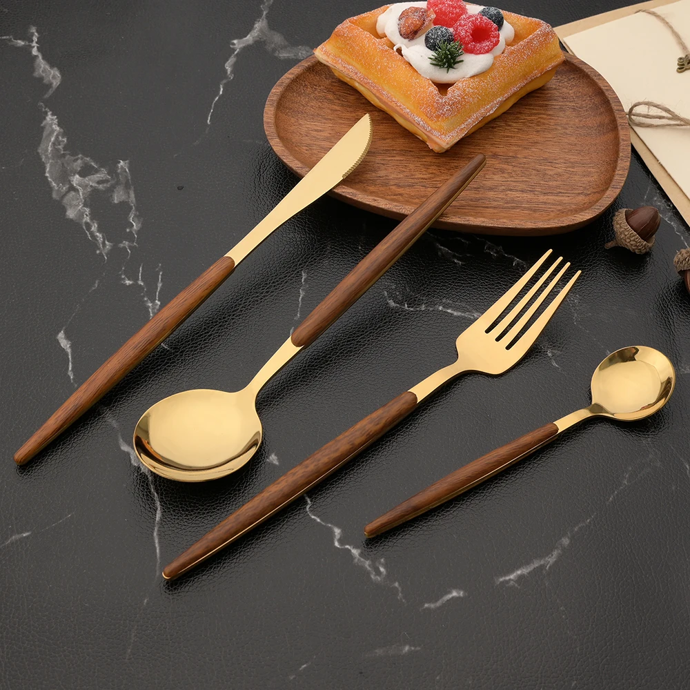 Gold Western Stainless Steel Cutlery 6/30Pcs Dinnerware Imitation Wooden Handle Tableware Knife Coffee Spoon Fork Flatware Set