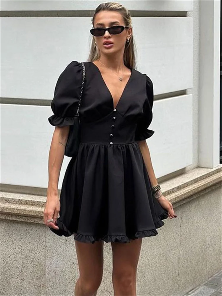 

Tossy Summer Black V-Neck Mini Dress For Women Ruffled High Waist Slim Commute Elegant Party Dress Female Solid Bodycon Dress