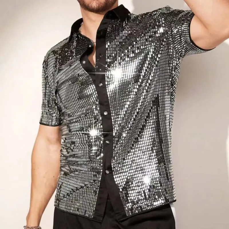 Men's Silver Metallic Sequins Glitter Shirt Summer Breathable Sparkling Short Sleeve Laple Casual Blouse Man Performance Costume