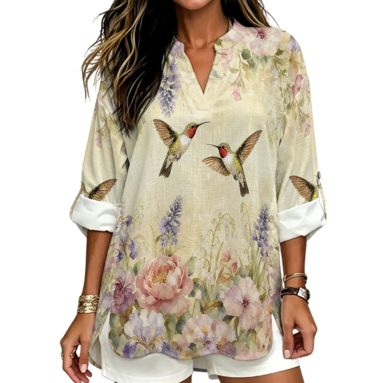 PENSTROLL Hummingbirds Linen Like Dressy Casual Blouses Comfortable V Neck Shirts for Resort Sizes S-5XL