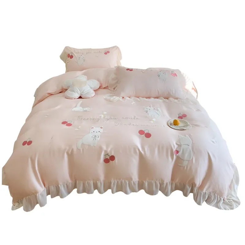 Spring and summer girl's heart 100 Lenzing Tencel four-piece set kitten embroidery