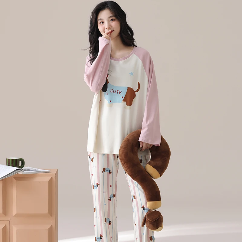 Cute Dog Pajamas Sets Womens Autumn Winter Long Sleeves Long Pants Pink Sleepwears Kawaii Pyjamas Cozy Pijamas Soft Pjs Girls Pj