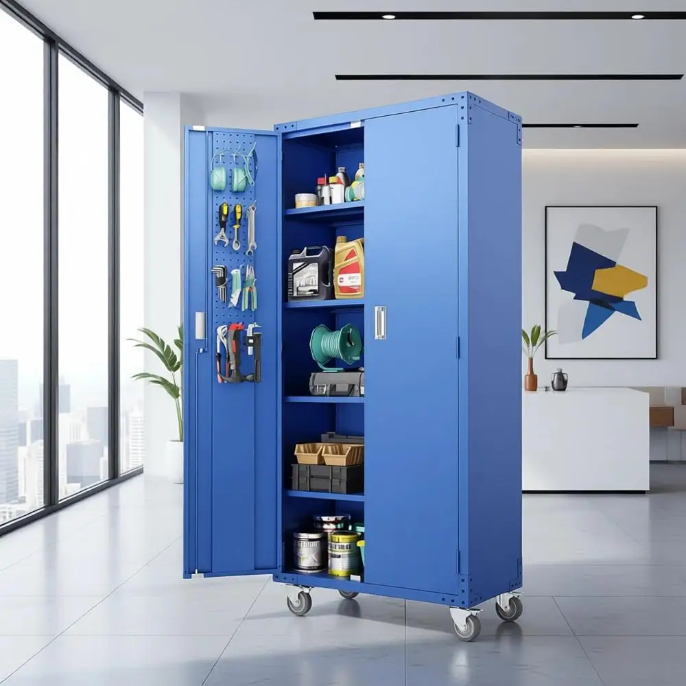 

Высокий металлический шкаф для хранения (183 см) с перфорированной панелью, колесами, запирающимися дверцами и регулируемыми полками для гаража, хранения инструментов, дома или мастерской