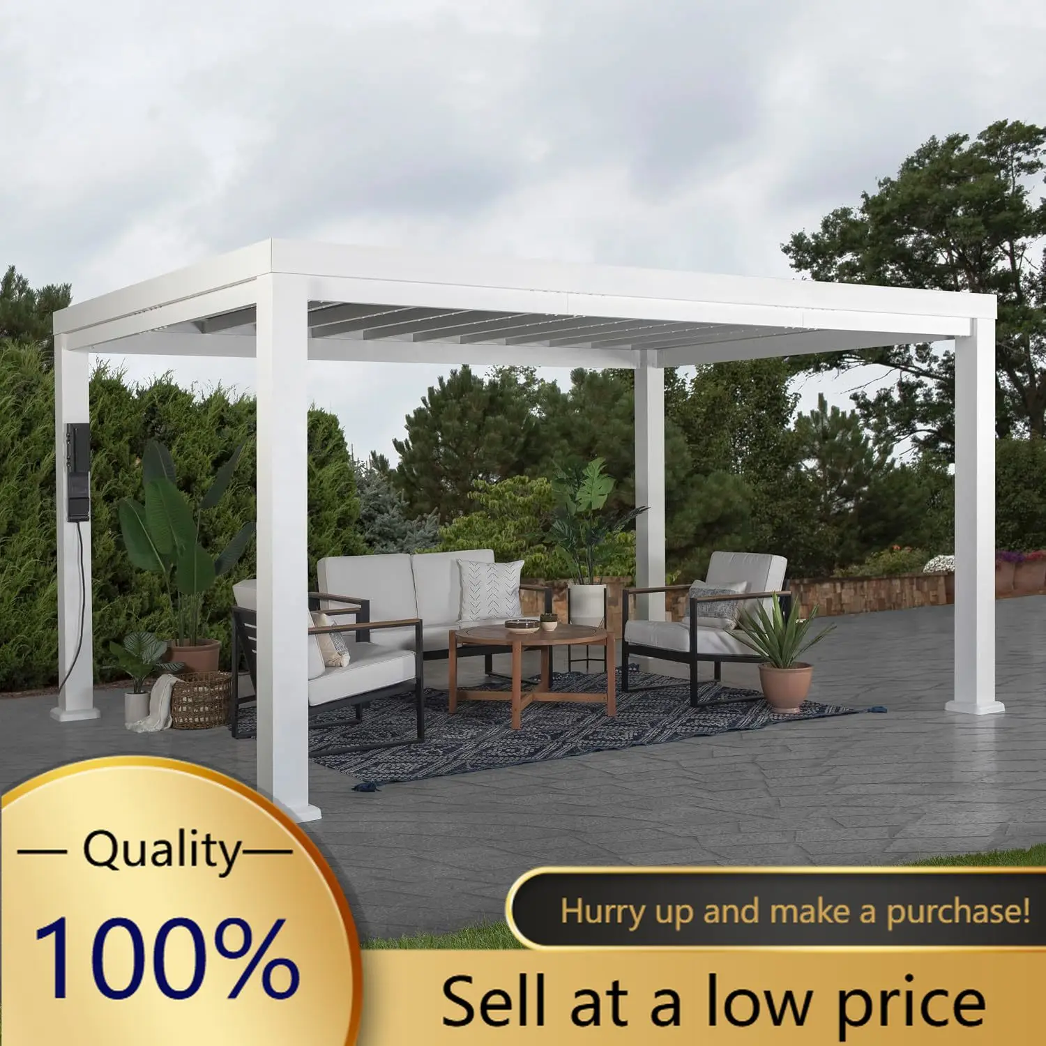 Windham 14' x 10' Modern Galvanized Steel Pergola Kit with Shade Sail Canopy, All-Season Durability, PowerPort, High-Wind Rating