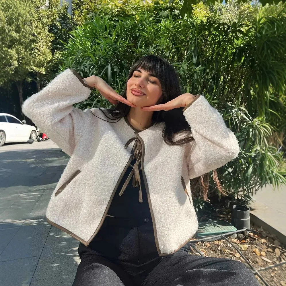 Street Fashion Women’s Boucle Tie Front Jacket Bow Front Collarless Textured Coat Long Sleeve Loose Casual Fall Winter Outerwear