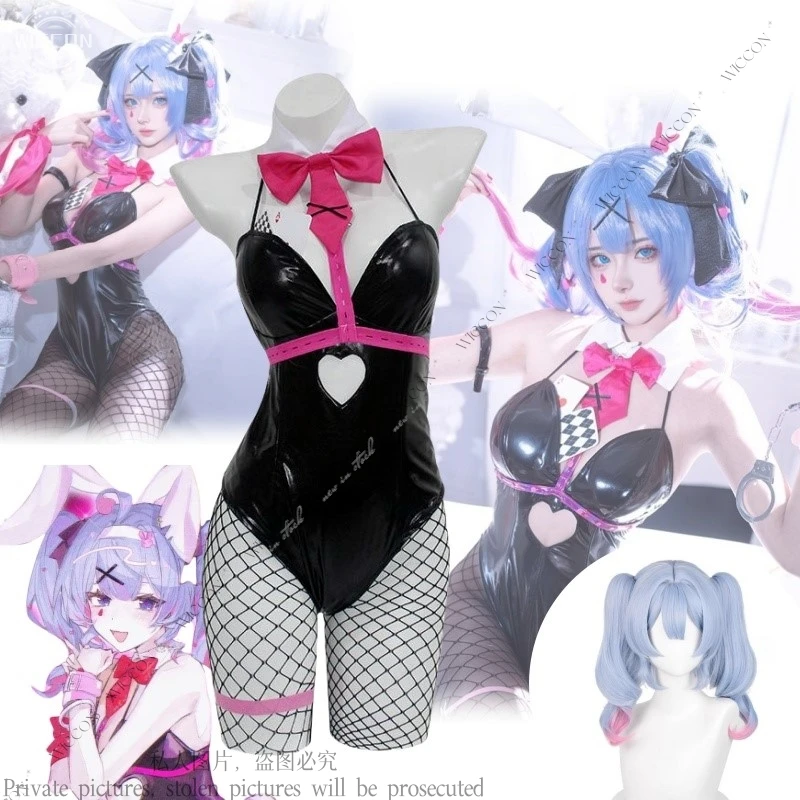 

Костюм для косплея с кроличьими отверстиями mikuku, парик, черная лакированная кожа, кролик для девочек, сексуальный милый головной убор для косплея на Хэллоуин, одежда с бантиками для девочек