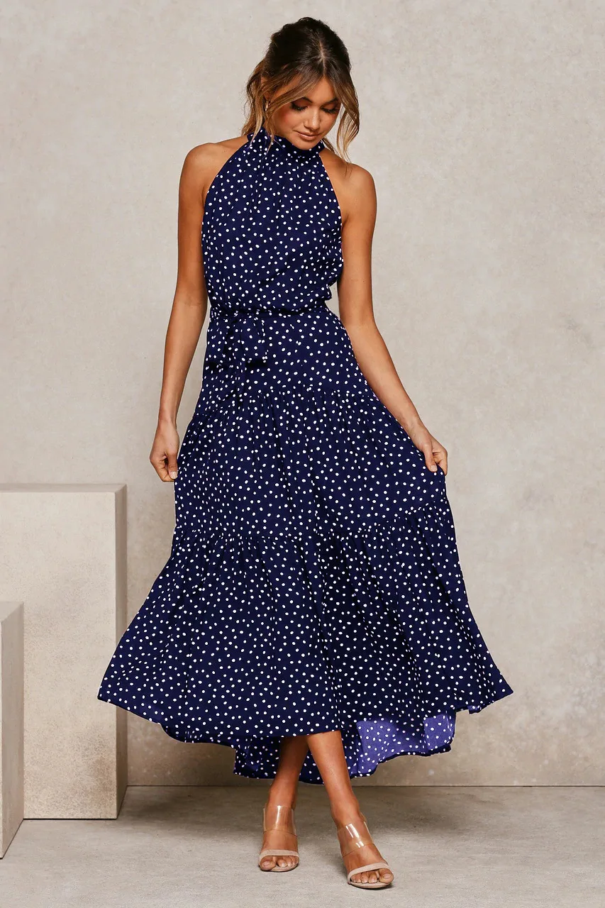 Women's Halter Neck Maxi Dress - Floral Print Boho Chic Smocked Waist Summer Beach Dress for Vacation Casual Wear