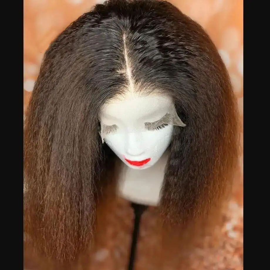 Longo sem cola macio ombre marrom kinky em linha reta 180 densidade 26 Polegada peruca dianteira do laço profundo para mulheres com cabelo do bebê pré-arrancado diariamente