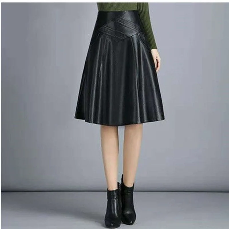 Women Indie Folk Knee Length Korean Pleated Leather Skirts High Waist Sheepskin A-Line Skirt Elegant Solid Office Lady Clothing