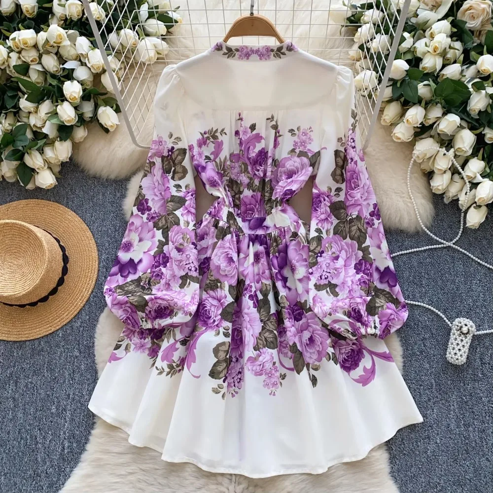 French Print V-neck Puff Sleeve Long Sleeve Single Breasted Dress A-line Casual Women Fashion Autumn Spring Vestidos Clothing