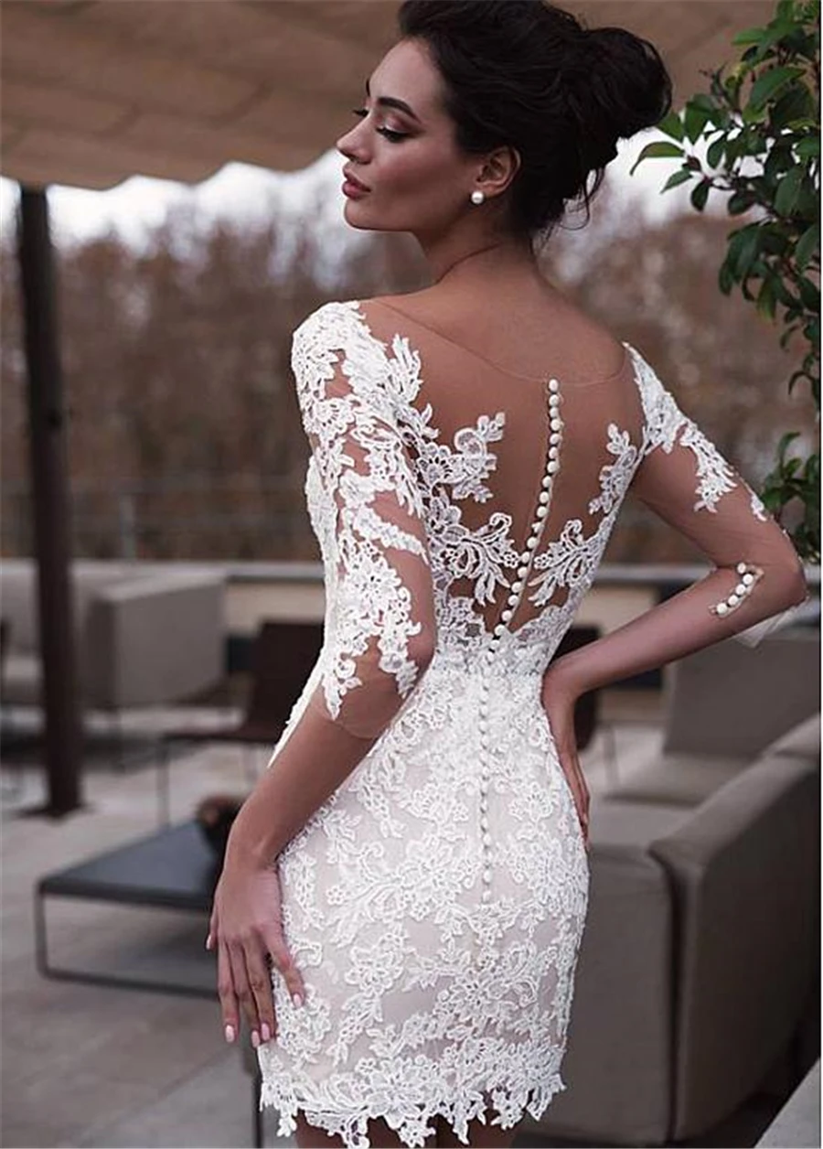 Meravigliosi abiti da sposa 2 In 1 con scollo gioiello con gonna staccabile Appliques In pizzo 3/4 maniche due pezzi abiti da sposa 2021