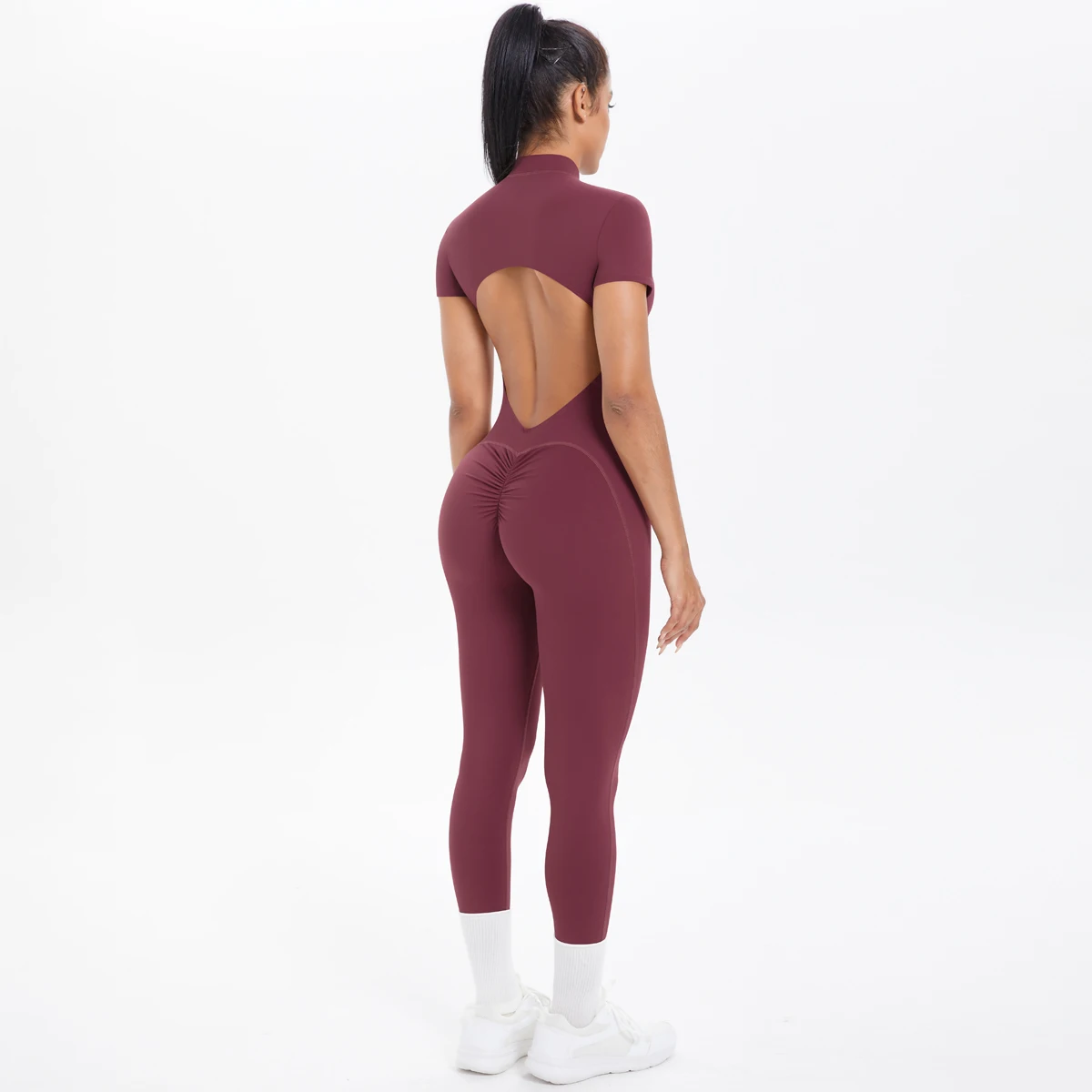 Short Sleeved Fitness Jumpsuit for Woman Bodysuits Backless Solid Color Scrunch One-Piece Suit Half Zipper Gym Yoga Sets Womens image 5