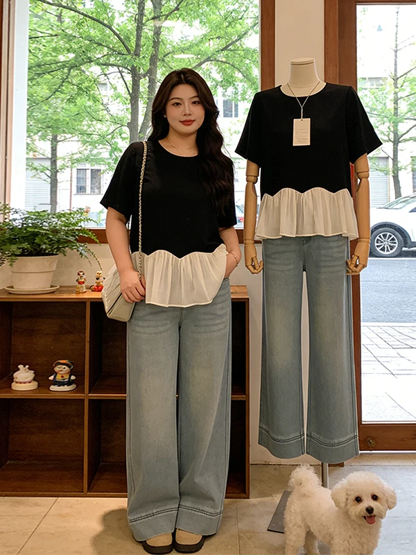 

plus Size T-Shirt Women's Summer Loose Fitting Short Sleeve round Neck Casual Breathable Meat Concealing Slimming Top