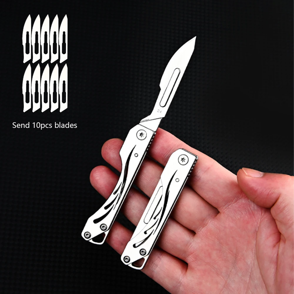 Mini Bottle Opener Scalpel Stainless Steel  Folding Knife Outdoor Survival Camping Portable EDC Tool 10 Blade Free