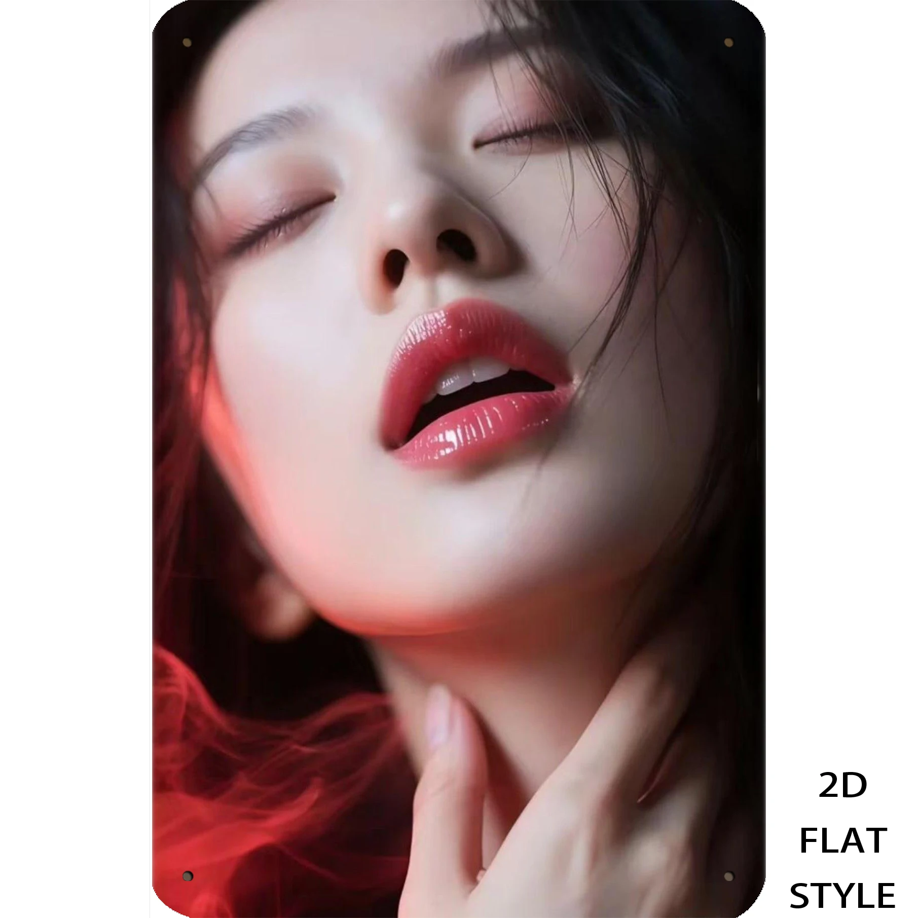 Vintage Metal Wall Decor Red Lip Closed Eye Lady Portrait - 8x12 Inch Large 2D Iron Plaque for Home Office, Housewarming Birt