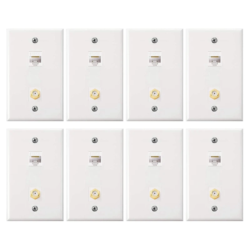 

8 Pack Cat6 Coax Wall Plates, Cat6 Ethernet Port And Cable TV Coax Gold-Plated F-Type Port Wall Plate