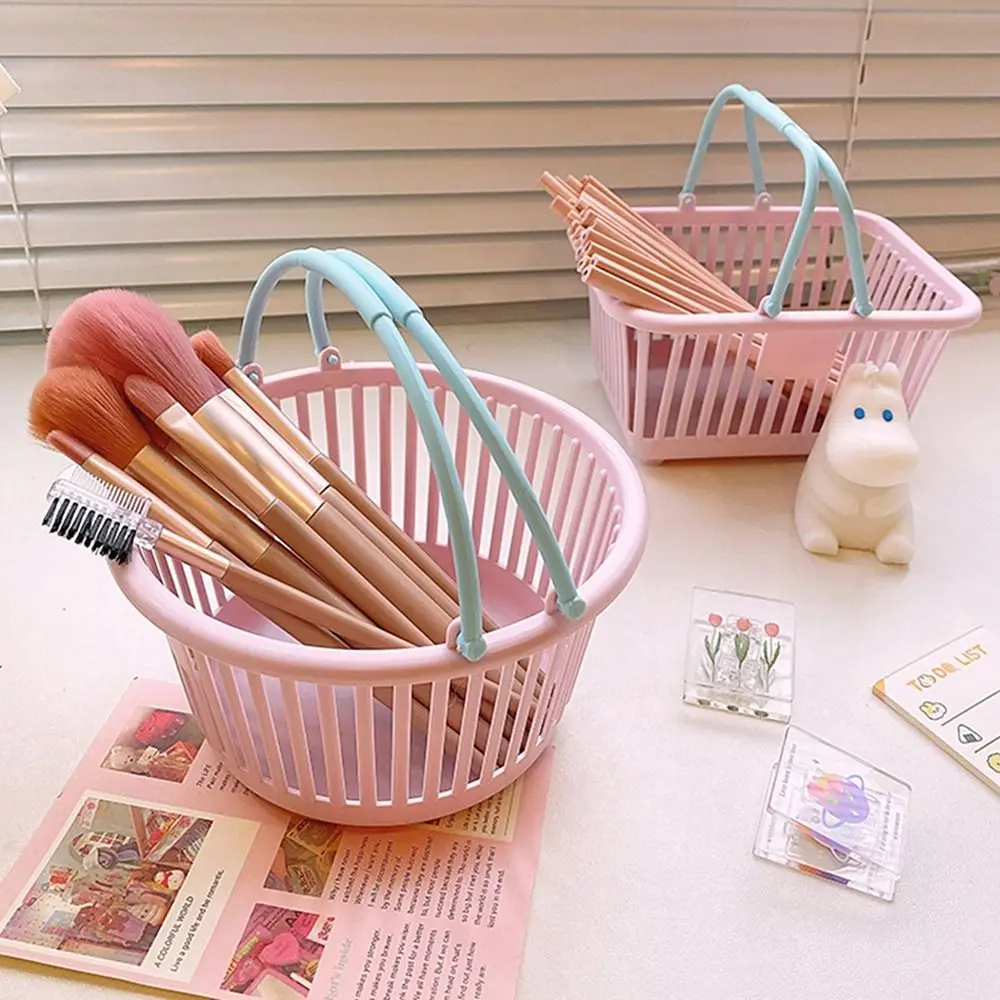 Round Macaron Plastic Storage Basket Folding Handle Reusable Cartoon Cute Little Basket with Handle Square