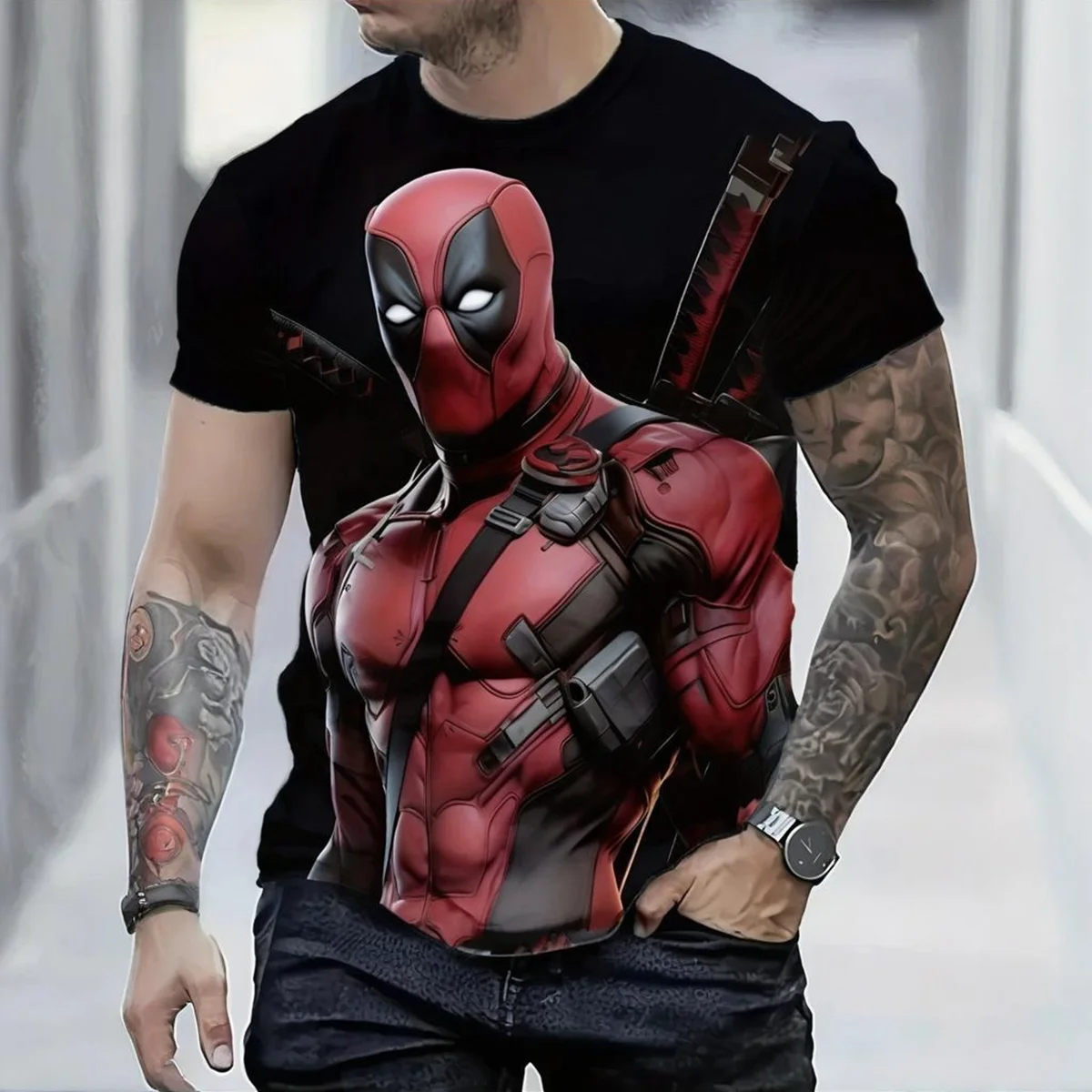 

Marvel superhero pattern men's round neck summer Deadpool T-shirt breathable and casual suitable for daily commuting