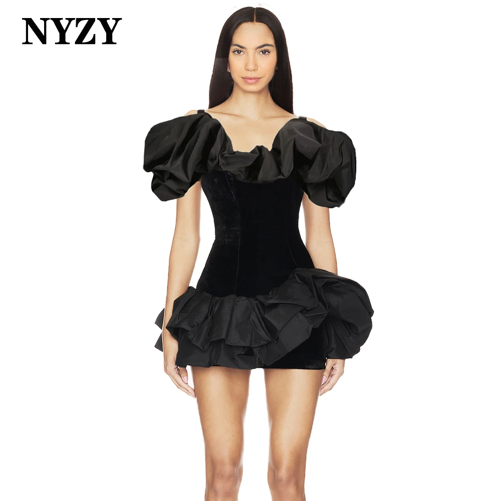 NYZY C372 Customized Taffeta Off the Shoulder Black Velvet Cocktail Dresses Mini Gowns for Party Date Birthday Special Occasion