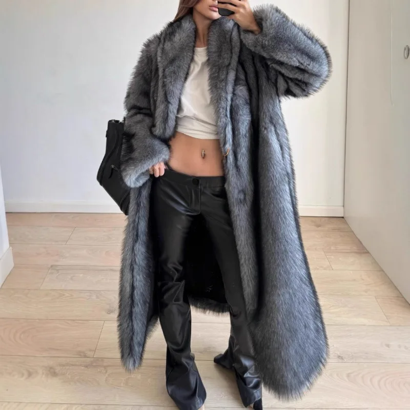 2026 Autumn Winter New Imitation Fur Coat Women's Loose Mink Velvet Long Coat Fur Suit Collar Thick Warm Fluffy Lady Overcoat