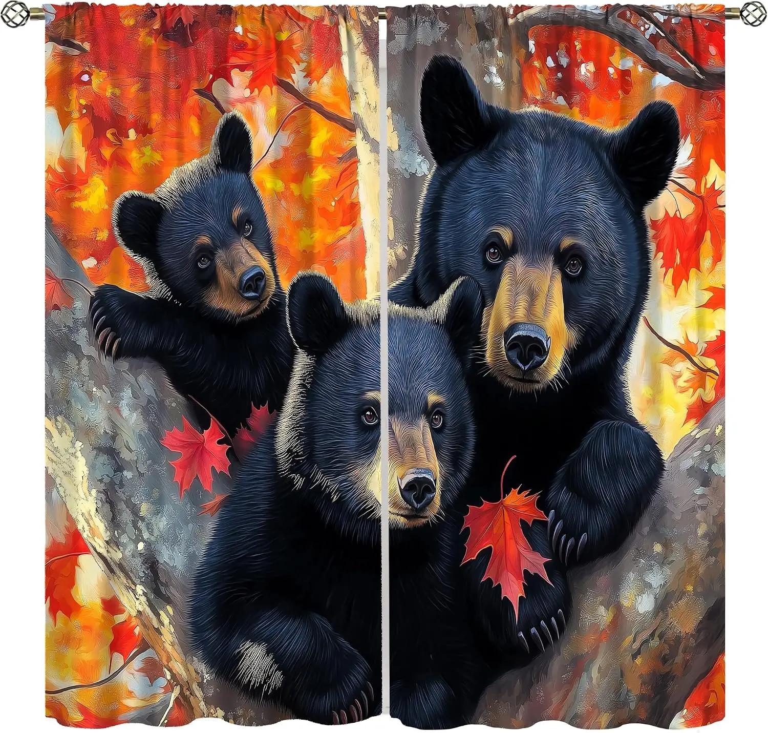 Black Bear Family Curtain Autumn Red Maple Tree Wild Animal Forest Print Light Filter Drape For Farm Bedroom Kitchen Homestay