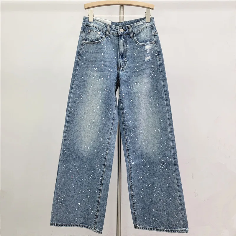 American Fashion New Elegant Rhinestone Single-breasted Denim Short Coat for Women High Waist Straight Wide-leg Jean Female 2026 view 4