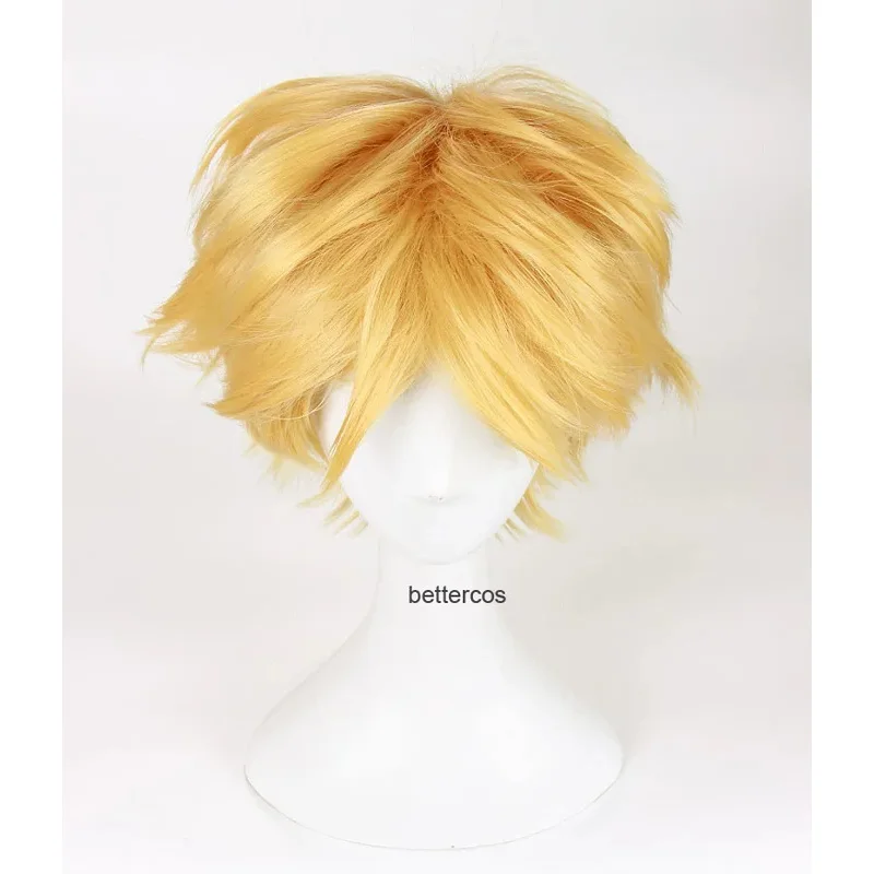Parrucche cosplay Adrien / Cat Noir di alta qualità Parrucca corta bionda dorata resistente al calore + cappuccio per parrucca