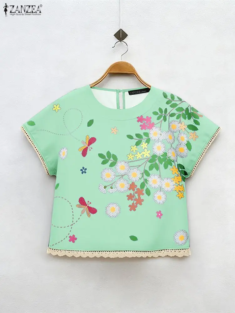 

ZANZEA женские повседневные шикарные блузки с кружевной отделкой, лето 2025, новые топы с круглым вырезом и короткими рукавами с цветочным принтом, повседневная женская одежда