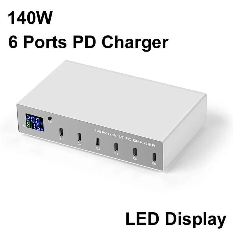 140W 6 Ports LED Display Fast Charging Station support PD charge 30W Quick USB-C charge for iPhone Samsung TECNO Laptop PAD etc