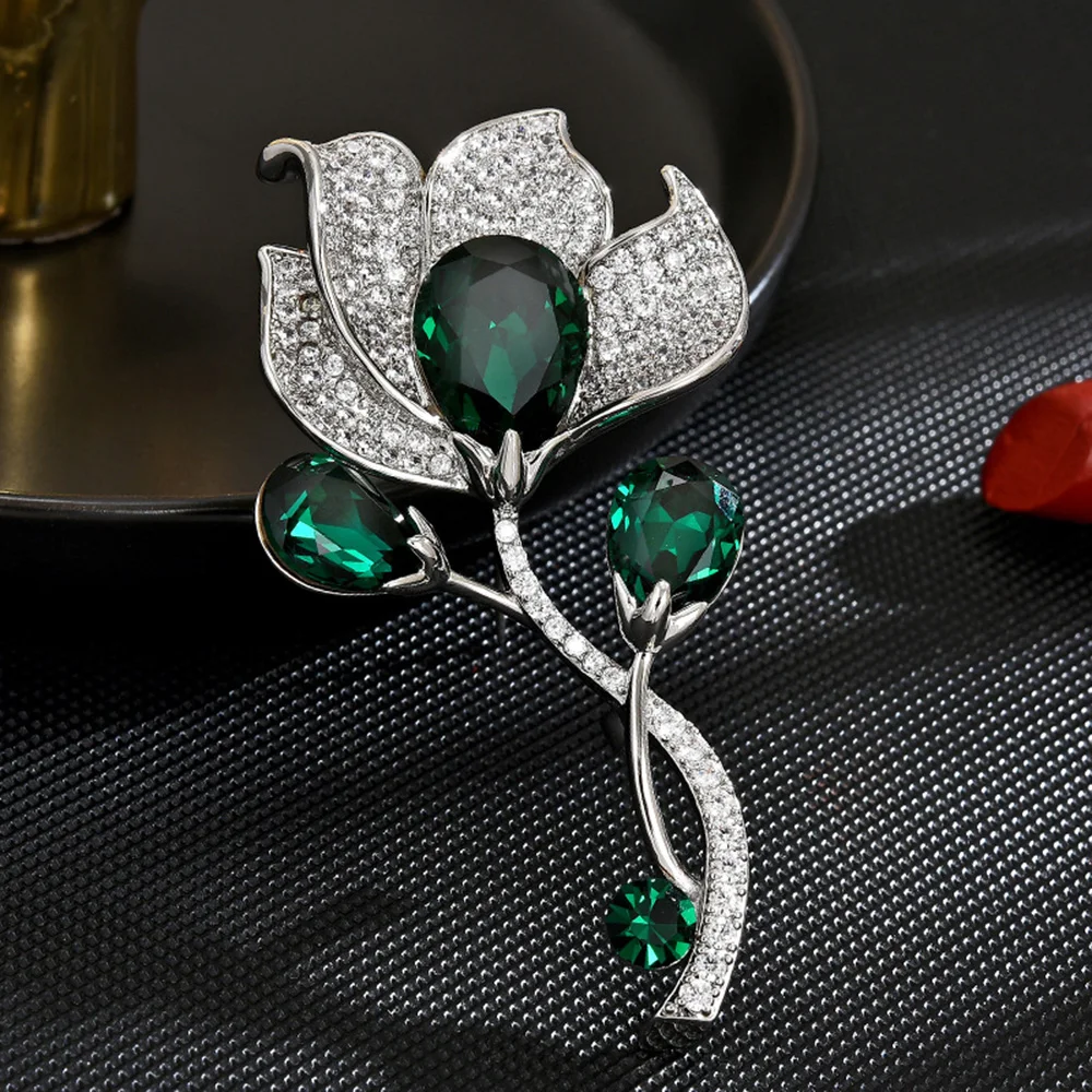 Fashion Luxury Design Sense Lily Brooch Women's Elegant Temperament Jade Crystal Diamond Pin Clothing Accessories Holiday Gift