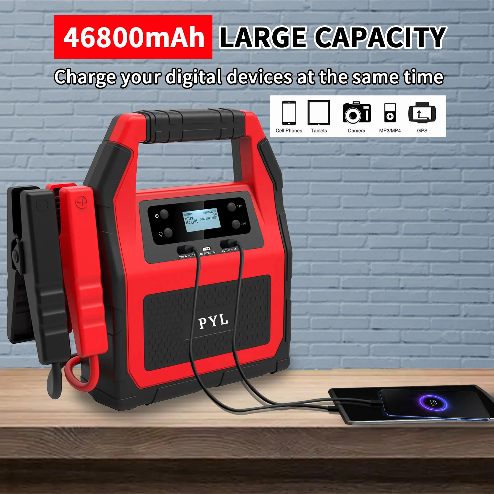 12/24V Portable Car Jump Starter Power Bank 46800mah Booster Battery Charger for Turck Car Up to 20L Gas and Diesel Engines