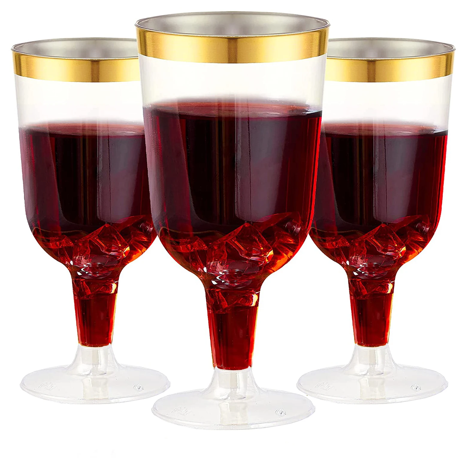 50/25pcs Plastic Wine Glass with Gold Rim-Elegant Disposable Wine Cups with Stem - Durable Party Cup Wedding Plastic Cups