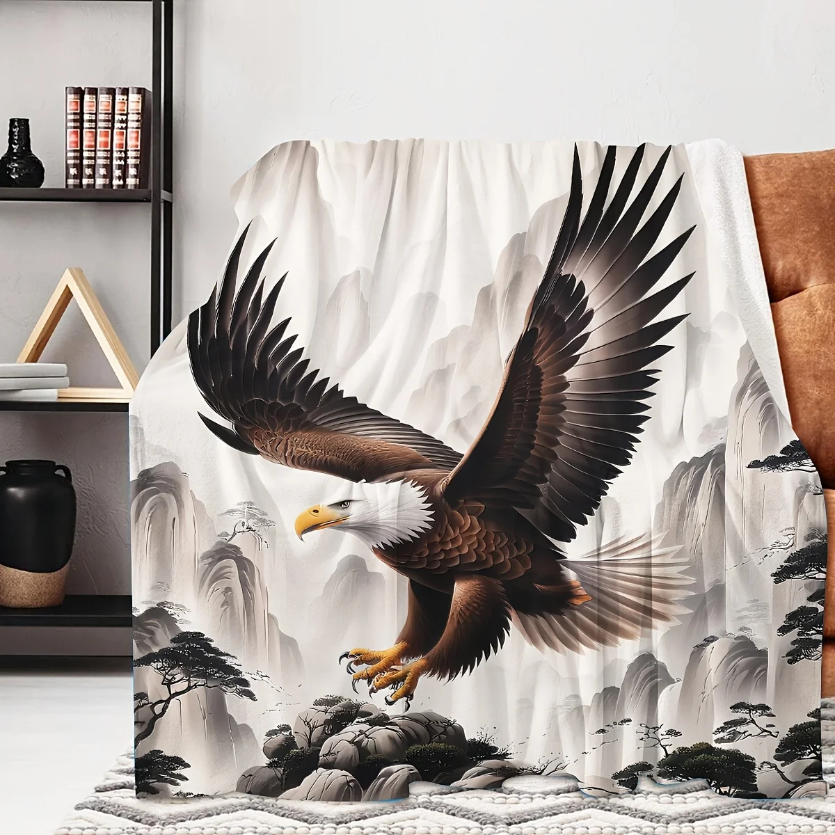 Majestic Eagle Landscape Art Blanket Throw Cozy Fleece Bedspread Fantasy Mountain Scene Asian Style Wildlife Print Luxury Home
