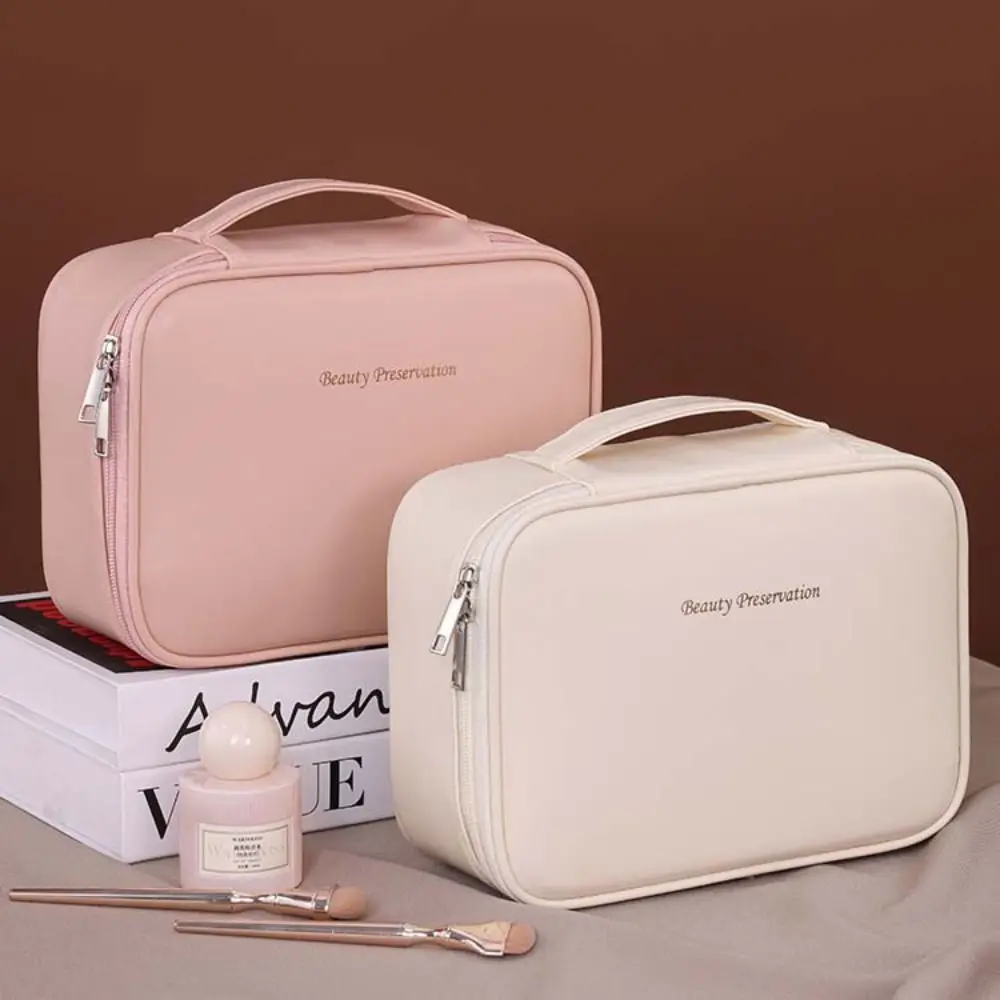 

Fashion Square PU Leather Cosmetic Bag Detachable Zipper Makeup Pouch Bag Handbag Large Capacity Travel Wash Bag Female/Girls