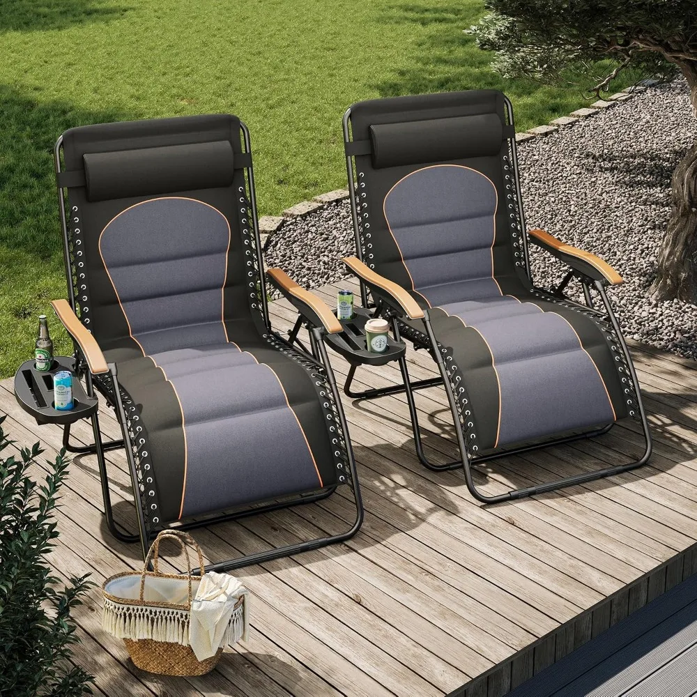 XXL Padded Outdoor Zero Gravity Chair Set of 2 with Cup Holder, Black