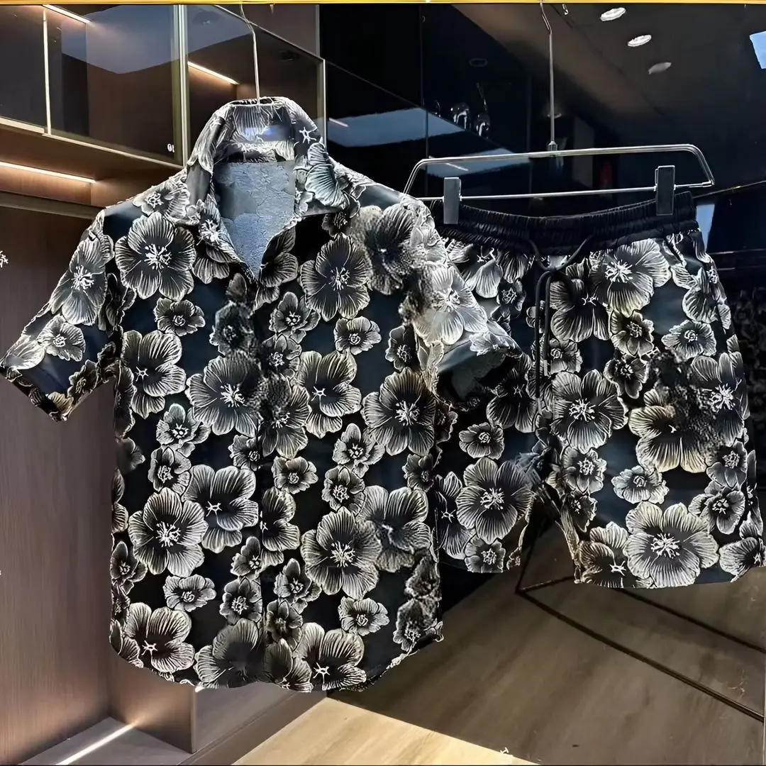 Ethnic Style Embossed Gold Flower Short Sleeve Shirt and Shorts Set