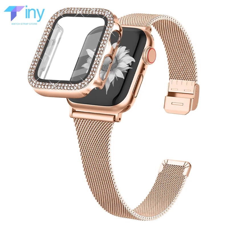 Diamond Case+Strap for Apple Watch Ultra Band 49mm 45mm 44mm 40mm 41mm 38mm 42mm Steel Bracelet for IWatch Series 8 7 6 SE 5 4 3