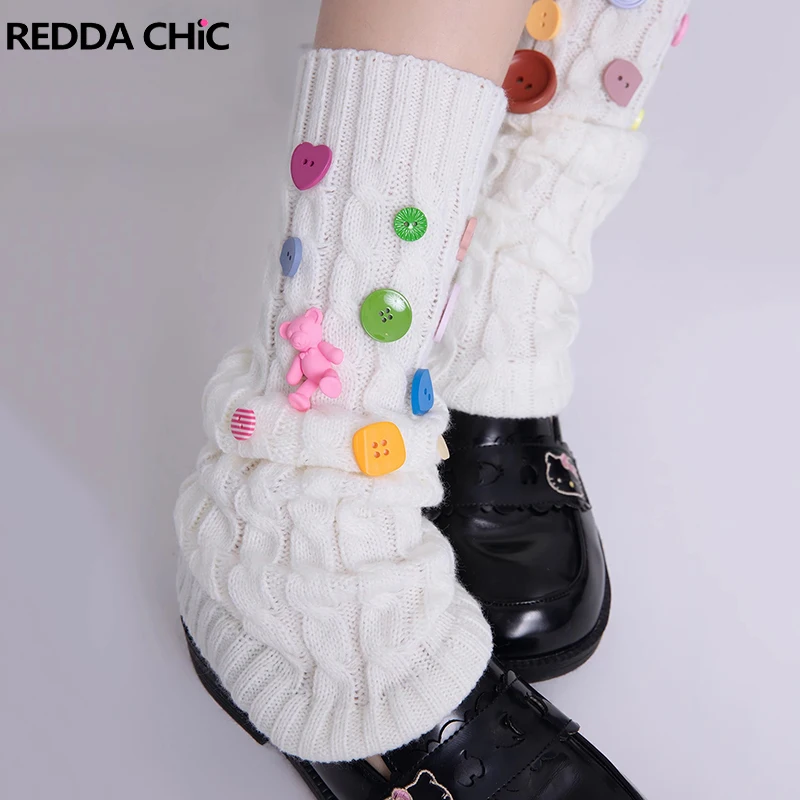 

ReddaChic Japanese Girl Knee-long Socks with Candy Buttons JK Lolita Y2k Leg Warmers Knit Stacked Boots Covers Women's Gaiters