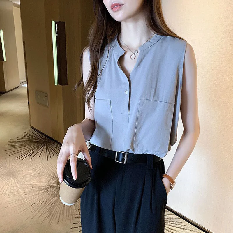 Versatile Western Style Women Summer Fashion Sleeveless Vest Shirt Korean Version Loose and Casual Intellectual Elegant Lady Top