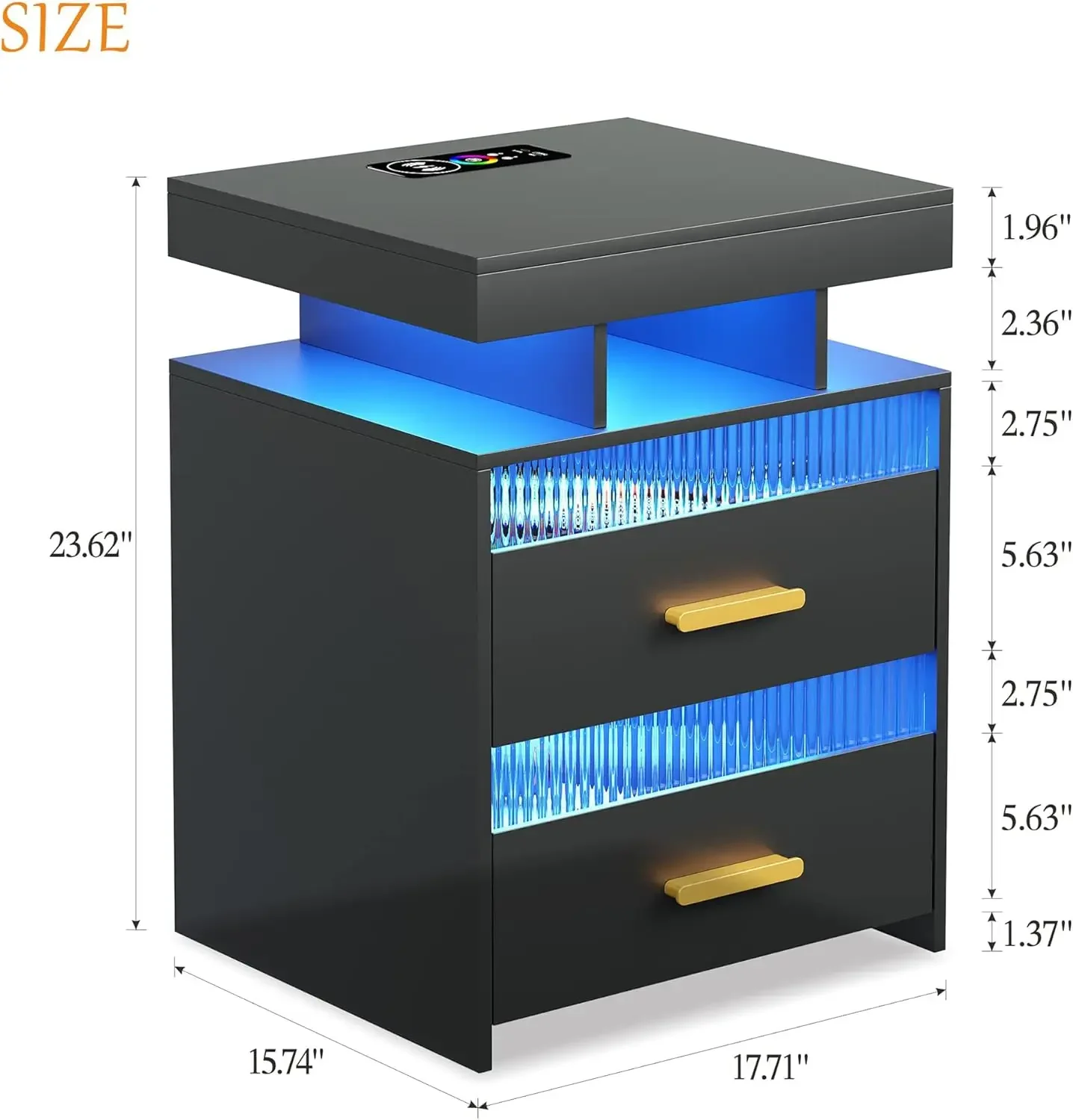 Black Nightstand with Charging Station: LED Bedside Table with 2 Drawer & Open Storage Shelf Smart End Table with Human Sensor
