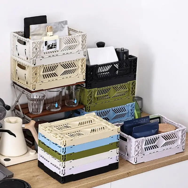 5L Folding Plastic Storage Box Storage Crate Stackable Desktop Cosmetic Basket Large Heavy Duty Utility Crate with Handles