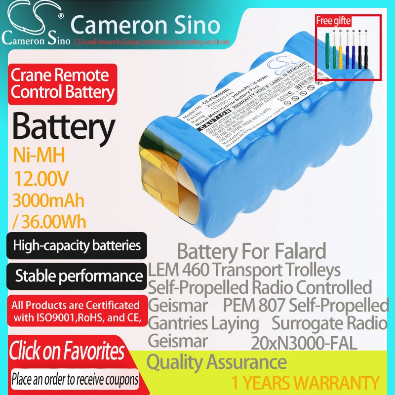 CameronSino Battery for Falard PEM 807 Self-Propelled Gantries Laying fits Falard 20xN3000-FAL Crane Remote Control battery