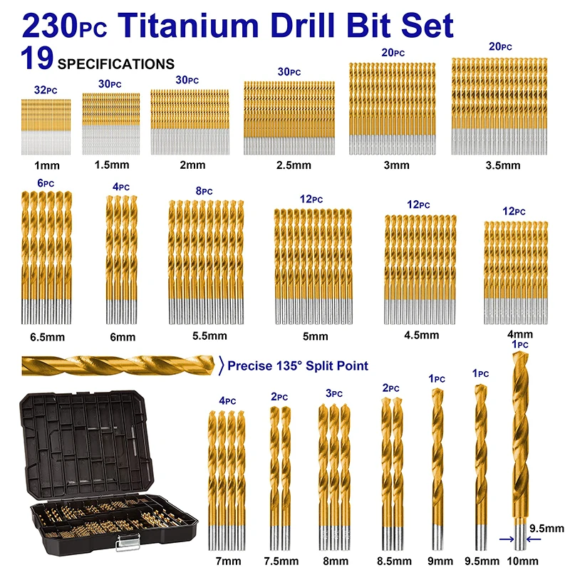 

230pc HSS Twist Drill Bits Set 1-10mm Electric Drilling Det DIY Power Tool Accessories Drill Bit Woodworking Opening Tool Kit